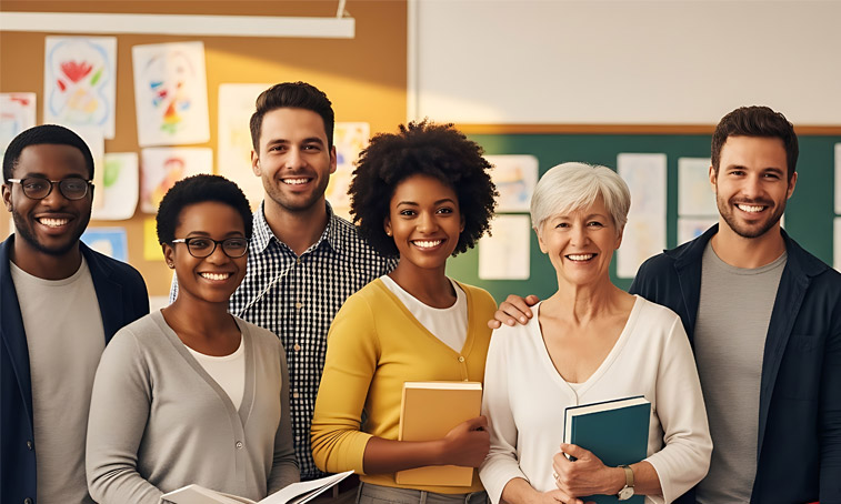 A diverse group of teachers standing together in a classroom