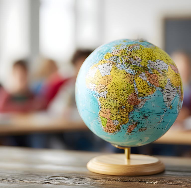Globe in a classroom, on a desk