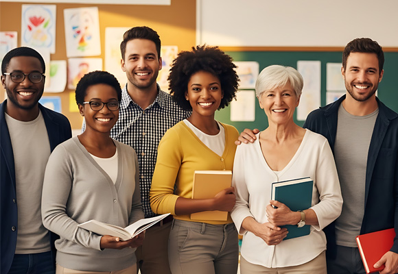 A diverse group of teachers standing together in a classroom