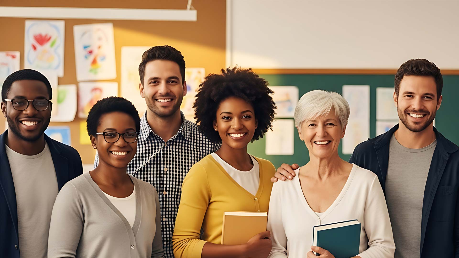 A diverse group of teachers standing together in a classroom