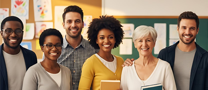 A diverse group of teachers standing together in a classroom
