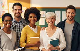 A diverse group of teachers standing together in a classroom