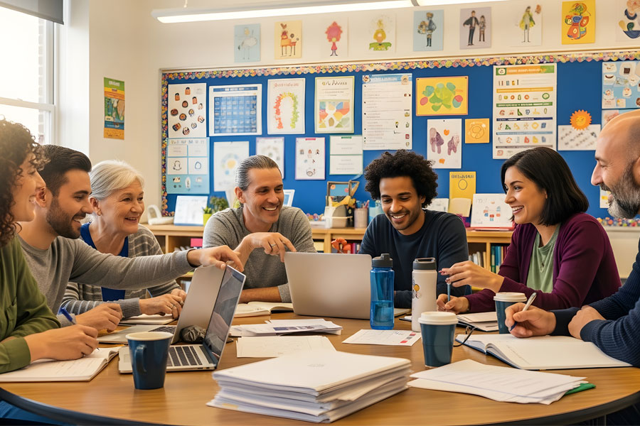 A group of teachers collaborating in a meeting, sat around a table in a school classroom