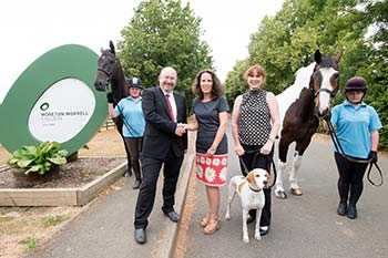 Two people shaking hands, two people holding horses and one holding a dog lead